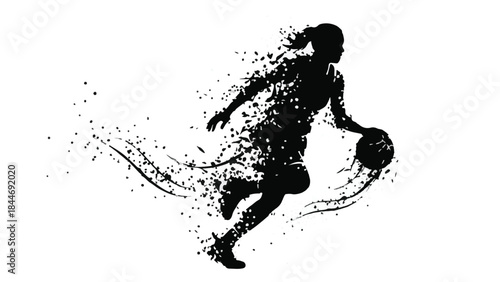 Dynamic silhouette of female basketball player dribbling with scattered particles