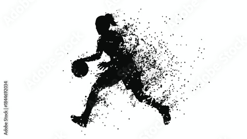 Dynamic silhouette of female basketball player dribbling with particle effect