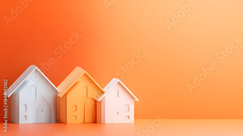 Small house figurines on orange background