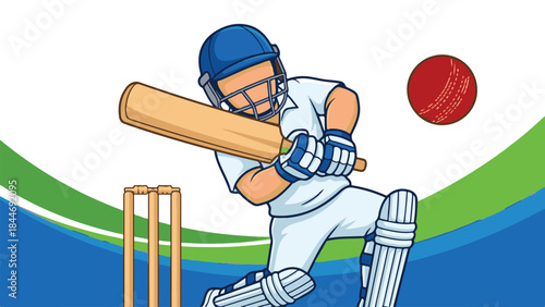 Cartoon cricket player batting with ball and stumps, action sports illustration
