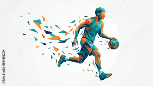 Dynamic low poly basketball player illustration with abstract motion fragments