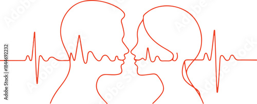Red line love couple, man, woman head, line art vector. Heart rhythm ekg vector design to use in love, healthy lifestyle, emotion, romance concept illustration projects