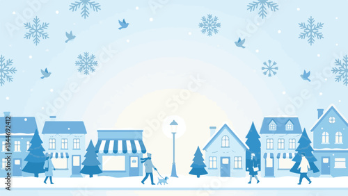 Cozy winter townscape with pedestrians, decorated houses, and snowflakes