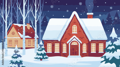 Cozy winter village night scene with snow-covered houses and festive lights