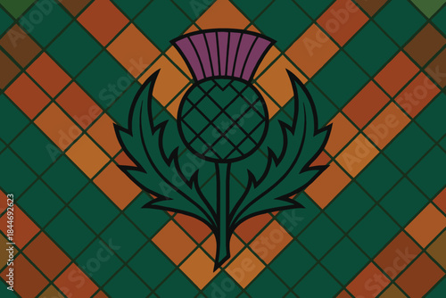 A scottish national symbol, the thistle, on a vibrant tartan plaid background
