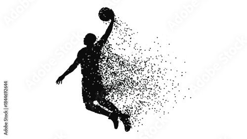 Dynamic silhouette of basketball player dunking with dissolving particle effect