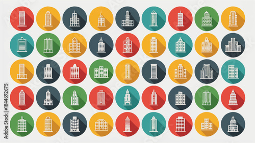 Collection of building icons with shadows on colored circles