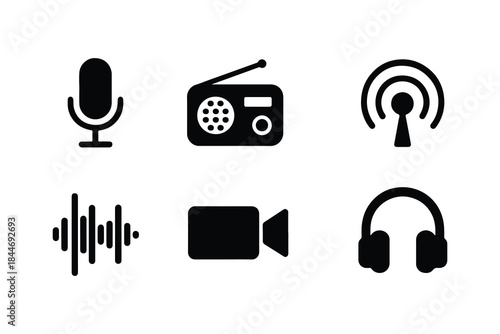 Collection of audio and communication icons including headphones, radio, microphone, and antenna representing sound and broadcasting for media and technology use