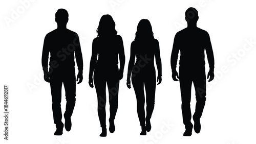 Four people standing in a row facing forward depicted as a dark outline silhouette