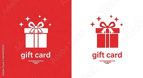 Gift card icon with bow and sparkles on red and white backgrounds
