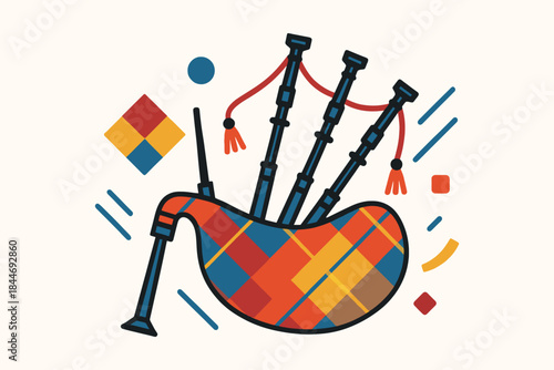A flat vector illustration of traditional scottish bagpipes with a colorful tartan bag.