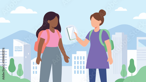 Two young women students sharing content on a smartphone in a city
