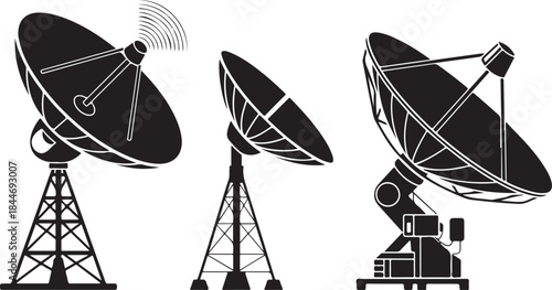 Satellite dish and radar antenna vector icon set Communication and broadcast technology symbols