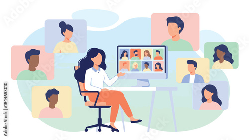 Online video conference with a woman leading a virtual meeting