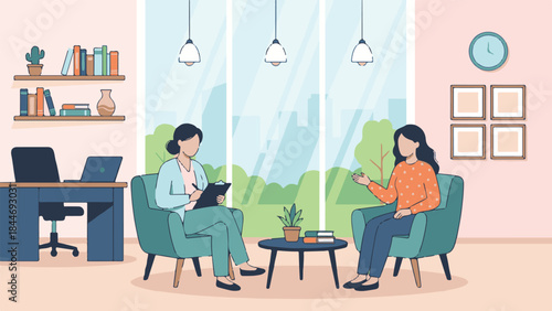 Therapist counseling a female patient in a modern office with large window