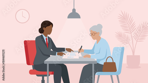 Business professional assisting senior woman with document signing