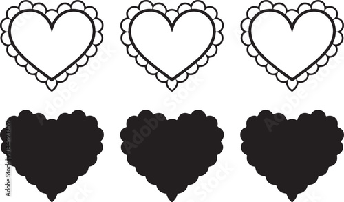 Scalloped edge heart shapes set. Simple heart scalloped border. Fabric laces silhouette frame. Repeat cute vintage frill ornament. Texture ribbons. Vector illustration isolated on white background