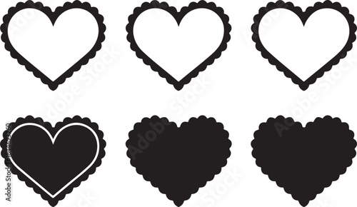 Scalloped edge heart shapes set. Simple heart scalloped border. Fabric laces silhouette frame. Repeat cute vintage frill ornament. Texture ribbons. Vector illustration isolated on white background