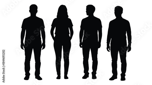 Four individuals standing side by side depicted as dark shapes against a white backdrop silhouette