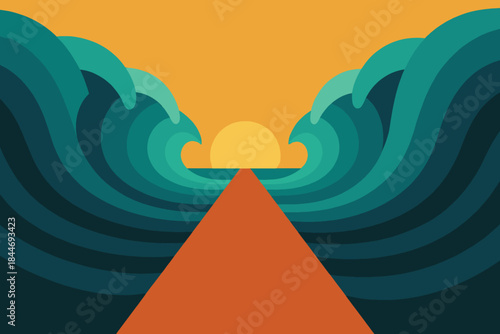 Symmetrical large waves illustration leading to a beautiful sunset over the horizon