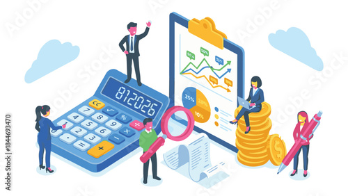Isometric financial business analysis and planning with people and data