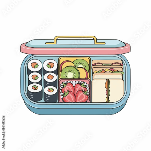 Cute cartoon bento box with sushi sandwiches and fruit