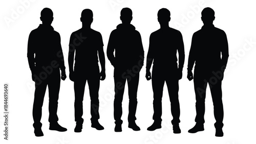 A group of six men standing together depicted in a stark black silhouette