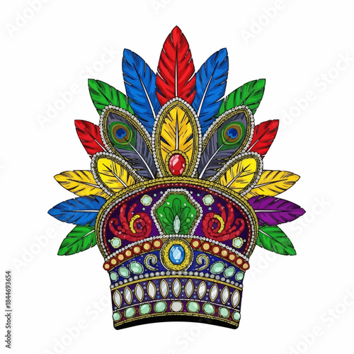 Ornate crown adorned with colorful feathers and jewels