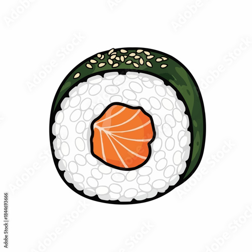 A delicious salmon sushi roll with sesame seeds on a white background
