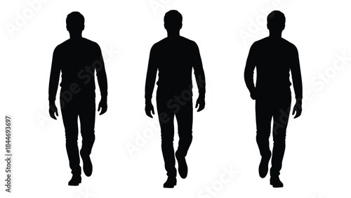Three male figures walking forward presented as dark shapes against a white background silhouette