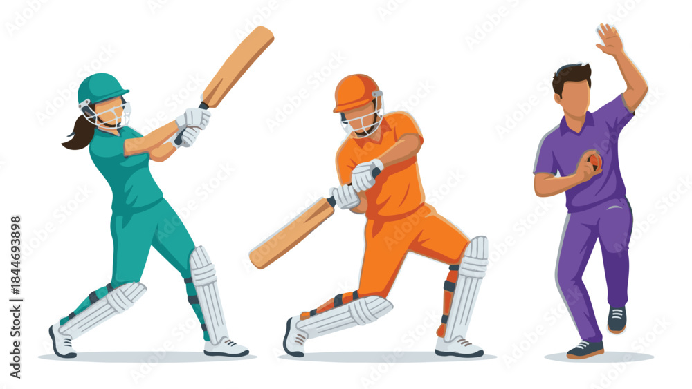 Obraz premium Vector illustration of cricket players in action on a white background