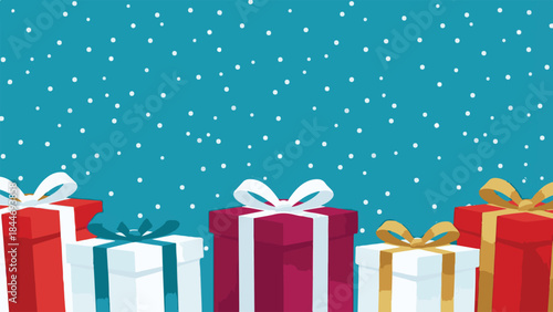 Colorful Christmas and holiday gift boxes with falling snow on blue background