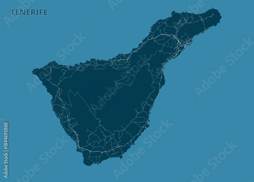 Map of Tenerife Island is displayed in a dark teal color against a lighter teal background. The island's shape is clearly defined, with intricate white lines representing roads and pathways