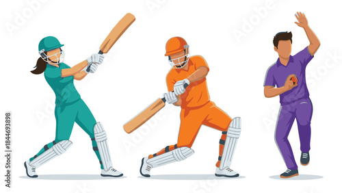 Vector illustration of cricket players in action on a white background
