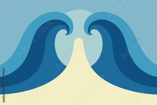 A minimalist illustration of large, symmetrical ocean waves curling over a sandy beach