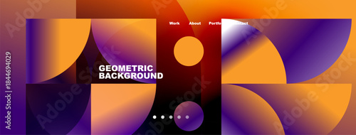 Abstract geometric background. Vibrant orange, purple gradients dominate design. Minimalist text, dots indicate navigation elements.