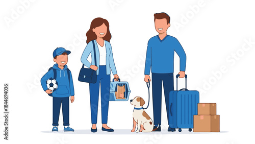Happy family with pets and luggage ready for travel or moving