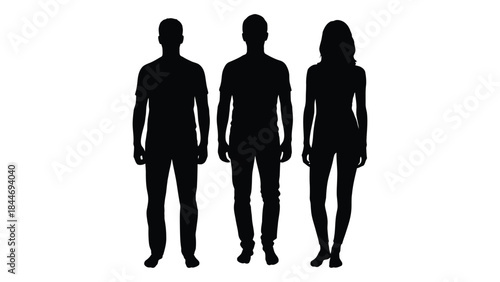 Three individuals standing side by side depicted in a stark black silhouette