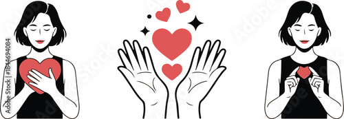 Set of vector illustrations with beautiful women showing love sign by hands. Self care, share love, body positive, acceptance. Female palms hold red hearts shapes. Smiling lady making fingers gesture
