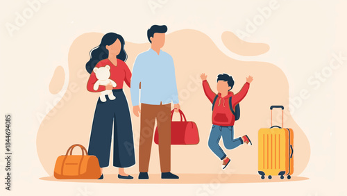 Family with luggage ready for vacation, child excited for the trip
