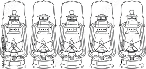 Row of classic vintage kerosene lanterns or oil lamps set with flame, perfect for traditional camping, rustic home decor, emergency lighting, and hand-drawn line art illustration vector.