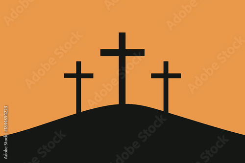 Three crosses on calvary minimalist silhouette against an orange background