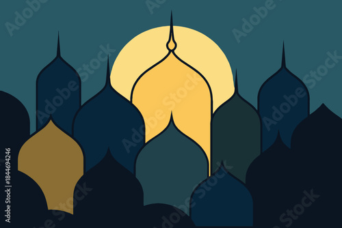 A simple artistic illustration featuring multiple mosque domes in silhouette with a large yellow moon