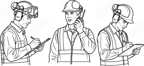 Set of construction workers in safety vests and hard hats, using clipboards, radio, and ear protection, ideal for building, engineering, and industrial safety illustration line art.