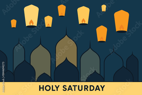 Holy saturday night vigil illustration with sky lanterns over city silhouettes