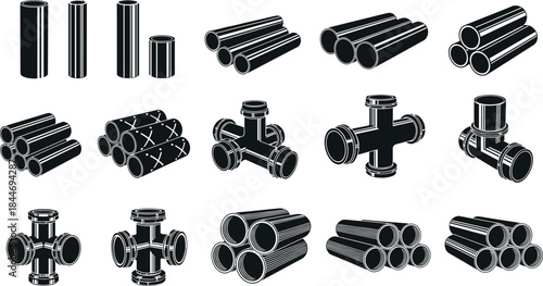 Set of construction and plumbing pipes and fittings silhouette icons, featuring circular pipe sections and four-way cross junctions, perfect for drainage, engineering, and water system vector.
