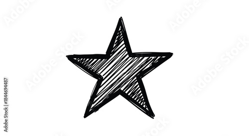 Sketch style five point star drawn with bold outlines and cross hatch shading standing alone on a white background for a graphic illustration.