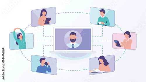 Remote team collaboration on a virtual meeting platform via laptop