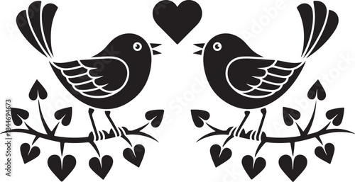 Silhouette of couple shrike birds sit at tree branch with heart shaped leaves. Abstract simple bird illustration, black silhouette. Laser cut template, wall decor