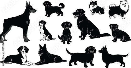Collection of diverse dog breeds in black and white silhouette art